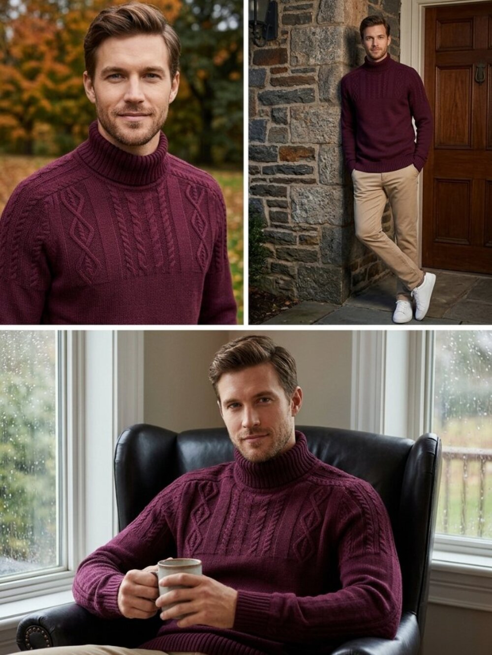 Club Room Turtleneck Sweater Mens Size X-Large Cable Knit Chunky Burgundy